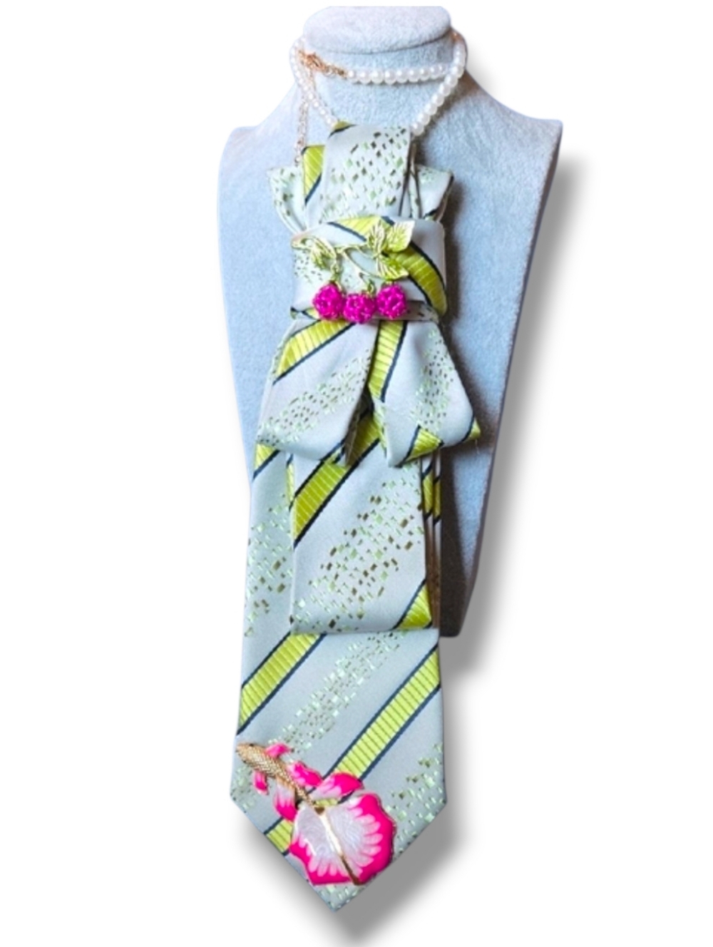 3/$60 Lime Green Striped Folded Cravat with Pink Raspberry And Fish Accents